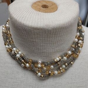 Vintage Deborah Armstrong Multi Strand Silver, Pearls and Gemstone Bead Necklace